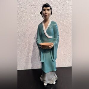 Vintage Asian Woman Holding a Bowl Statue Oriental Glazed Ceramic Figurine